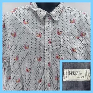 Free Planet Mens White Santa & Flamingo Dot Short Sleeve Button Up Shirt Sz 2X
